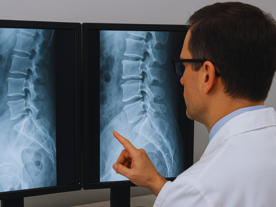 Medico che analizza immagini radiologiche della colonna vertebrale per diagnosticare la stenosi lombare.