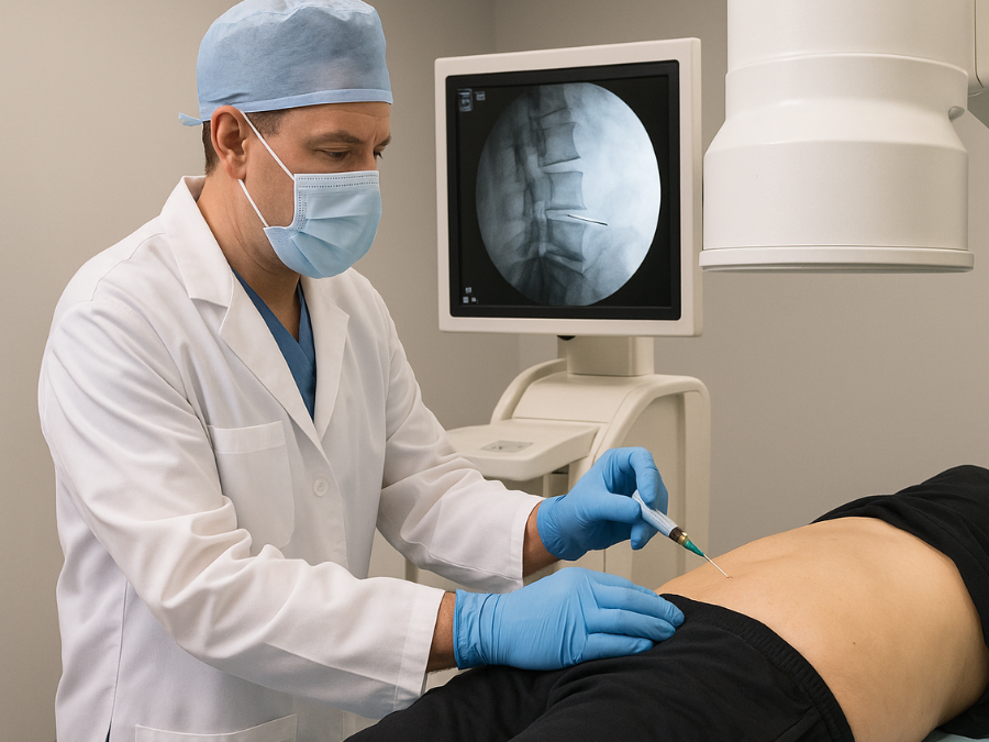 Medico esegue un'infiltrazione di ozonoterapia nella zona lombare con guida radiologica.