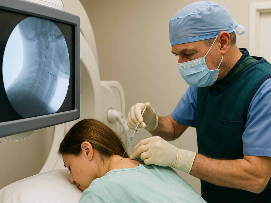 Medico che esegue un trattamento di ozonoterapia alla colonna cervicale in ambulatorio