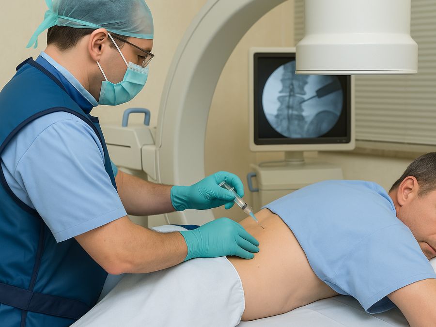 Paziente durante una seduta di ozonoterapia RX guidata con guida radiologica.