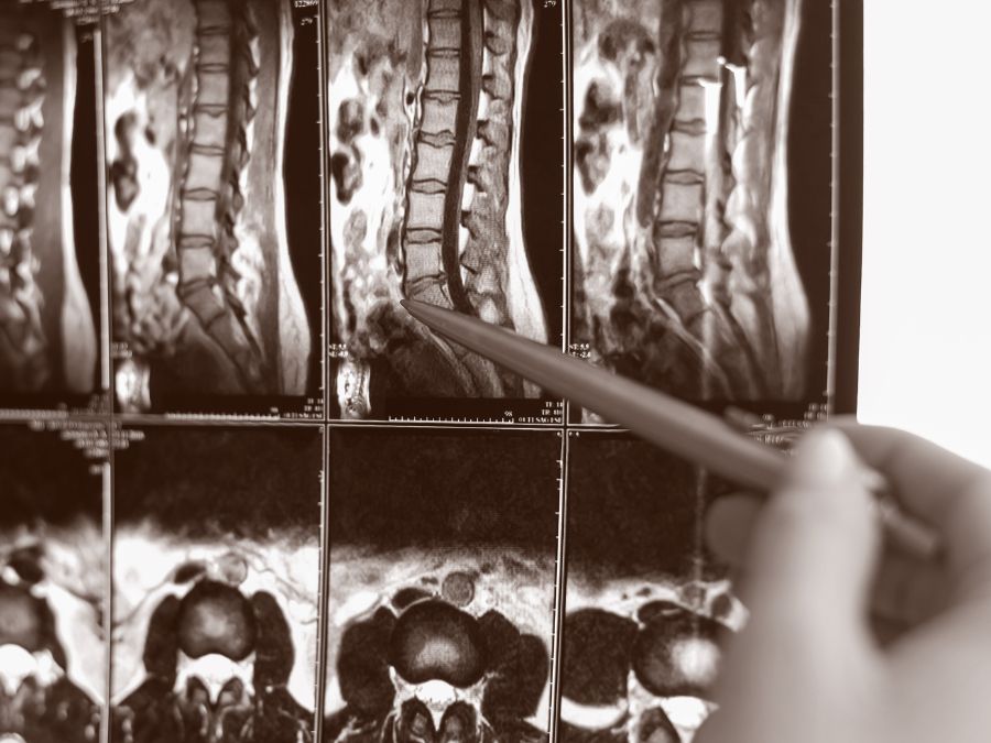 Rappresentazione medica della colonna vertebrale con ernie e protrusioni trattabili con ozonoterapia