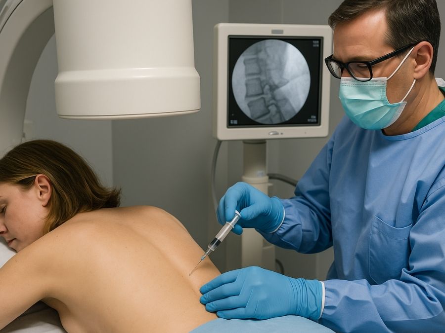 Seduta di ozonoterapia RX guidata con paziente posizionato e guida radiologica attiva.